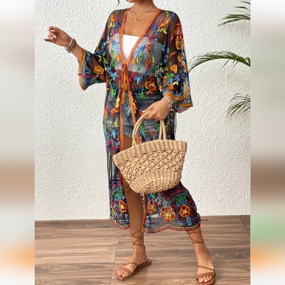 Bohemian Style Long Sleeve Embroidered Mesh Kimono, Mixed Colors Navy OSFM - Picture 3 of 9